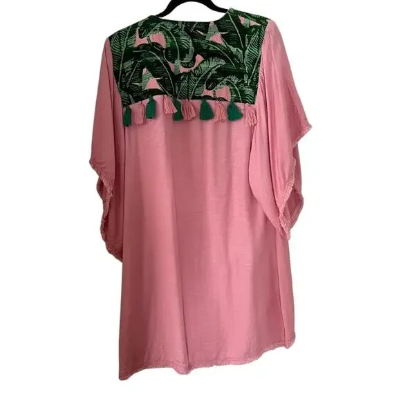 Judith March Tropical Pink & Green Tassel Palm Leaf  Fringe Hem Kimono Size L - Picture 4 of 10